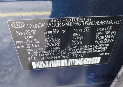 2021 Hyundai Santa Fe Se из США, поврежденный, VIN 5NMS14AJ6MH301317